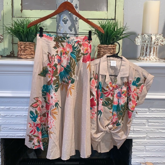 Vintage Dresses & Skirts - Vintage Deadstock Monsterra & Floral Print Short Sleeve Top & Midi Skirt Set M